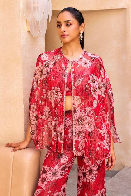 Label Sanya Gulati Red Georgette, Polyester Embroidery Round Neck Floral Print Cape And Pant Set Online at Aza Fashions Label Sanya Gulati_Red Georgette, Polyester Embroidery Round Neck Floral Print Cape And Pant Set _Online_at_Aza_Fashions