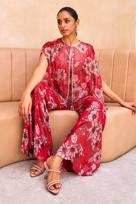 Buy Label Sanya Gulati Red Georgette, Polyester Embroidery Round Neck Floral Print Cape And Pant Set Online at Aza Fashions Buy_Label Sanya Gulati_Red Georgette, Polyester Embroidery Round Neck Floral Print Cape And Pant Set _Online_at_Aza_Fashions