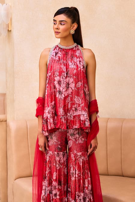 Label Sanya Gulati Red Georgette, Net Embroidery Round Neck Floral Print Flared Tunic Sharara Set Online at Aza Fashions Label Sanya Gulati_Red Georgette, Net Embroidery Round Neck Floral Print Flared Tunic Sharara Set _Online_at_Aza_Fashions