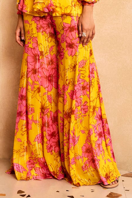 Label Sanya Gulati Yellow Georgette, Cotton Tassels, Floral Print Ruffle Shirt And Gharara Set Online at Aza Fashions Label Sanya Gulati_Yellow Georgette, Cotton Tassels, Floral Print Ruffle Shirt And Gharara Set _Online_at_Aza_Fashions