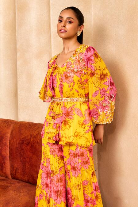 Buy Label Sanya Gulati Yellow Georgette, Cotton Tassels, Floral Print Ruffle Shirt And Gharara Set Online at Aza Fashions Buy_Label Sanya Gulati_Yellow Georgette, Cotton Tassels, Floral Print Ruffle Shirt And Gharara Set _Online_at_Aza_Fashions