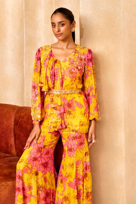 Shop Label Sanya Gulati Yellow Georgette, Cotton Tassels, Floral Print Ruffle Shirt And Gharara Set Online at Aza Fashions Shop_Label Sanya Gulati_Yellow Georgette, Cotton Tassels, Floral Print Ruffle Shirt And Gharara Set _Online_at_Aza_Fashions