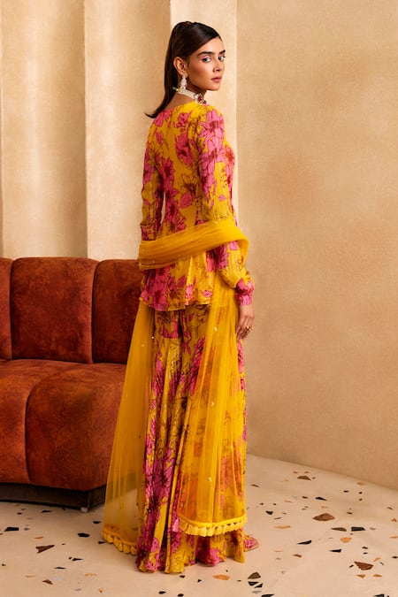 Shop Label Sanya Gulati Yellow Georgette, Net, Chiffon Floral Print A-line Short Kurta Sharara Set at Aza Fashions Shop_Label Sanya Gulati_Yellow Georgette, Net, Chiffon Floral Print A-line Short Kurta Sharara Set _at_Aza_Fashions