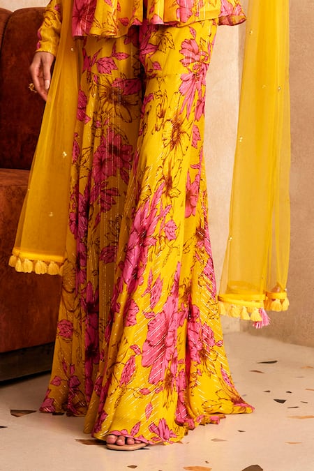 Label Sanya Gulati Yellow Georgette, Net, Chiffon Floral Print A-line Short Kurta Sharara Set Online at Aza Fashions Label Sanya Gulati_Yellow Georgette, Net, Chiffon Floral Print A-line Short Kurta Sharara Set _Online_at_Aza_Fashions