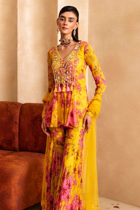 Buy Label Sanya Gulati Yellow Georgette, Net, Chiffon Floral Print A-line Short Kurta Sharara Set Online at Aza Fashions Buy_Label Sanya Gulati_Yellow Georgette, Net, Chiffon Floral Print A-line Short Kurta Sharara Set _Online_at_Aza_Fashions