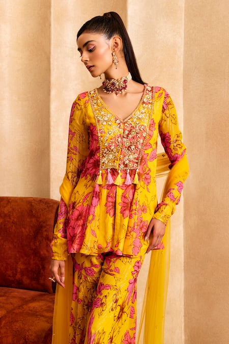 Shop Label Sanya Gulati Yellow Georgette, Net, Chiffon Floral Print A-line Short Kurta Sharara Set Online at Aza Fashions Shop_Label Sanya Gulati_Yellow Georgette, Net, Chiffon Floral Print A-line Short Kurta Sharara Set _Online_at_Aza_Fashions