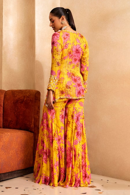 Shop Label Sanya Gulati Yellow Georgette, Silk, Cotton Embroidery, Floral Print Jacket And Sharara Set at Aza Fashions Shop_Label Sanya Gulati_Yellow Georgette, Silk, Cotton Embroidery, Floral Print Jacket And Sharara Set _at_Aza_Fashions