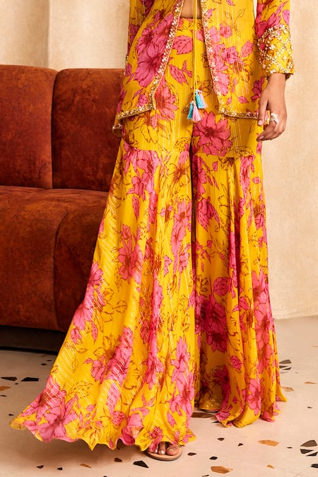 Label Sanya Gulati Yellow Georgette, Silk, Cotton Embroidery, Floral Print Jacket And Sharara Set Online at Aza Fashions Label Sanya Gulati_Yellow Georgette, Silk, Cotton Embroidery, Floral Print Jacket And Sharara Set _Online_at_Aza_Fashions