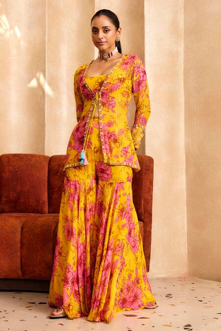 Buy Label Sanya Gulati Yellow Georgette, Silk, Cotton Embroidery, Floral Print Jacket And Sharara Set Online at Aza Fashions Buy_Label Sanya Gulati_Yellow Georgette, Silk, Cotton Embroidery, Floral Print Jacket And Sharara Set _Online_at_Aza_Fashions