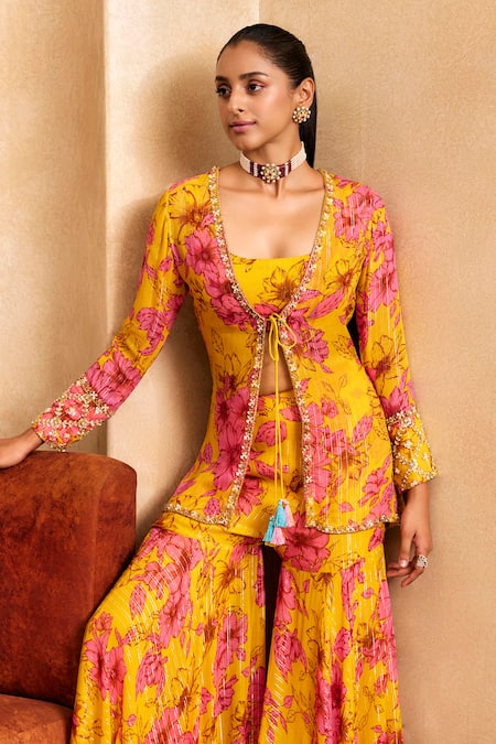 Shop Label Sanya Gulati Yellow Georgette, Silk, Cotton Embroidery, Floral Print Jacket And Sharara Set Online at Aza Fashions Shop_Label Sanya Gulati_Yellow Georgette, Silk, Cotton Embroidery, Floral Print Jacket And Sharara Set _Online_at_Aza_Fashions