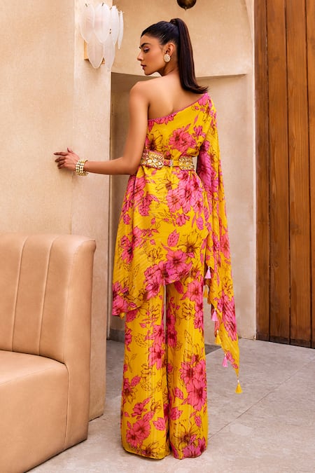 Shop Label Sanya Gulati Yellow Georgette, Chiffon Embroidery One Floral Print Kurta And Pant Set at Aza Fashions Shop_Label Sanya Gulati_Yellow Georgette, Chiffon Embroidery One Floral Print Kurta And Pant Set _at_Aza_Fashions