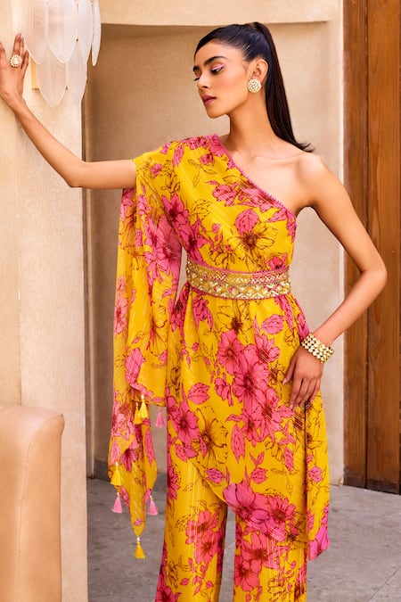 Buy Label Sanya Gulati Yellow Georgette, Chiffon Embroidery One Floral Print Kurta And Pant Set Online at Aza Fashions Buy_Label Sanya Gulati_Yellow Georgette, Chiffon Embroidery One Floral Print Kurta And Pant Set _Online_at_Aza_Fashions