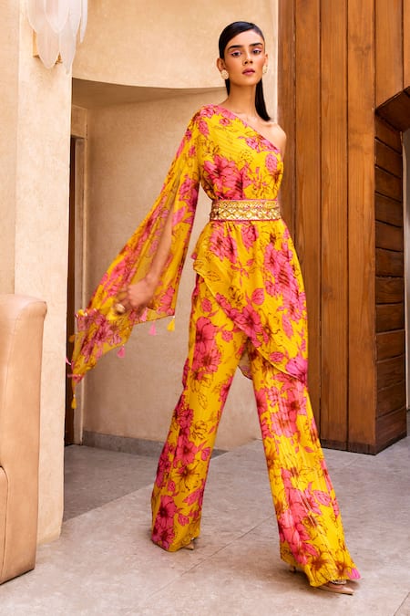 Shop Label Sanya Gulati Yellow Georgette, Chiffon Embroidery One Floral Print Kurta And Pant Set Online at Aza Fashions Shop_Label Sanya Gulati_Yellow Georgette, Chiffon Embroidery One Floral Print Kurta And Pant Set _Online_at_Aza_Fashions