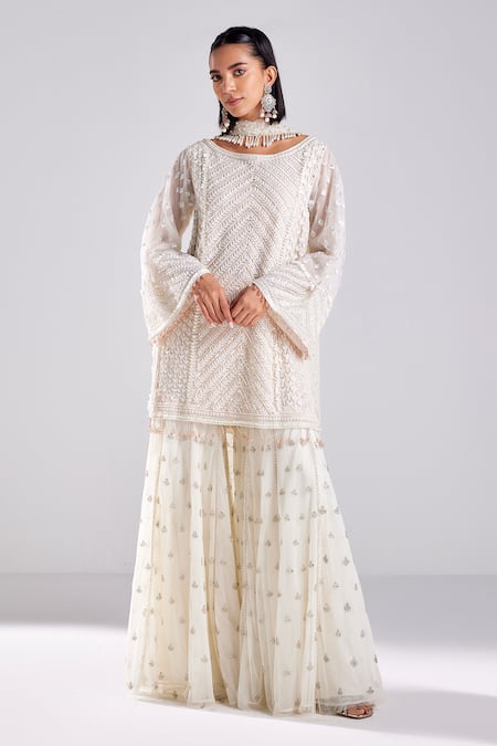 DiyaRajvvir Ivory Satin Lycra Embroidery Chevron Scoop Neck Kurta Gharara Set 