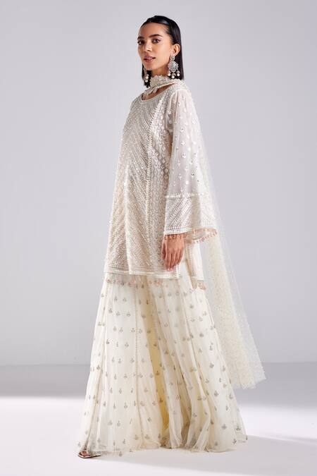 Diyarajvvir Ivory Satin, Lycra, Tulle, Cotton, Silk Chevron Embroidered Kurta Gharara Set Online at Aza Fashions Diyarajvvir_Ivory Satin, Lycra, Tulle, Cotton, Silk Chevron Embroidered Kurta Gharara Set _Online_at_Aza_Fashions