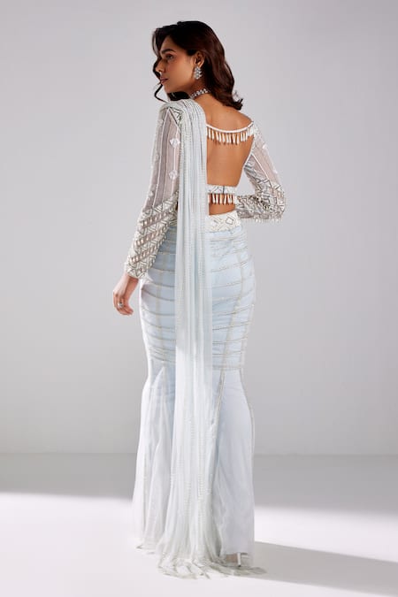 Shop Diyarajvvir Blue Satin, Tulle, Lycra Sequins, Pre-draped Embroidered Pant Saree With Blouse at Aza Fashions Shop_Diyarajvvir_Blue Satin, Tulle, Lycra Sequins, Pre-draped Embroidered Pant Saree With Blouse _at_Aza_Fashions