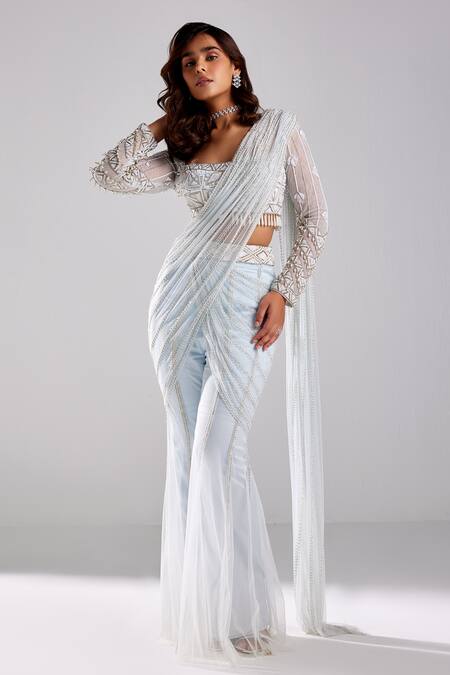 Diyarajvvir Blue Satin, Tulle, Lycra Sequins, Pre-draped Embroidered Pant Saree With Blouse Online at Aza Fashions Diyarajvvir_Blue Satin, Tulle, Lycra Sequins, Pre-draped Embroidered Pant Saree With Blouse _Online_at_Aza_Fashions