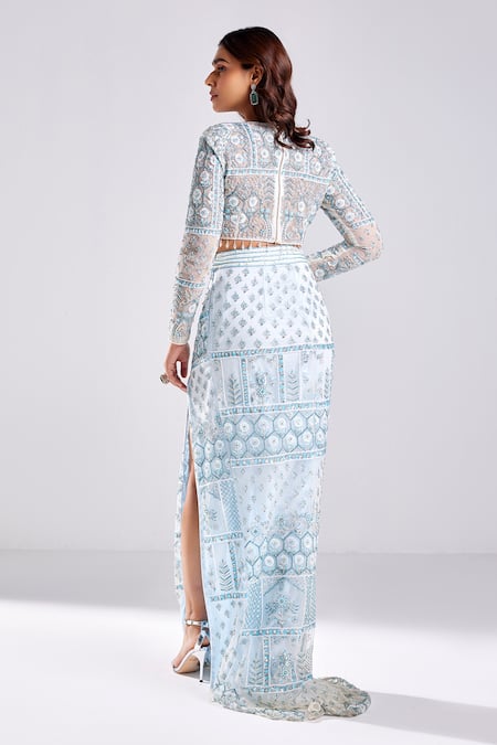 Shop Diyarajvvir Blue Satin, Lycra, Tulle Sequins, Cut Floral Embroidered Blouse With Skirt at Aza Fashions Shop_Diyarajvvir_Blue Satin, Lycra, Tulle Sequins, Cut Floral Embroidered Blouse With Skirt _at_Aza_Fashions
