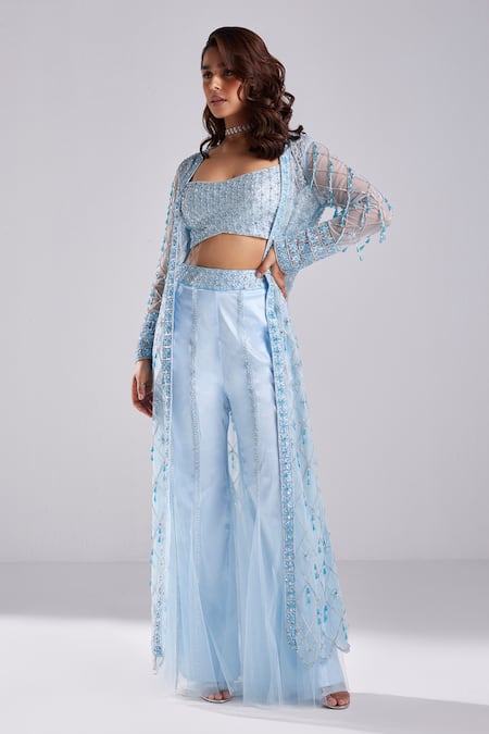 Diyarajvvir Blue Satin, Lycra, Tulle, Crepe Sequins, Floral Embroidered Jacket Pant Set Online at Aza Fashions Diyarajvvir_Blue Satin, Lycra, Tulle, Crepe Sequins, Floral Embroidered Jacket Pant Set _Online_at_Aza_Fashions
