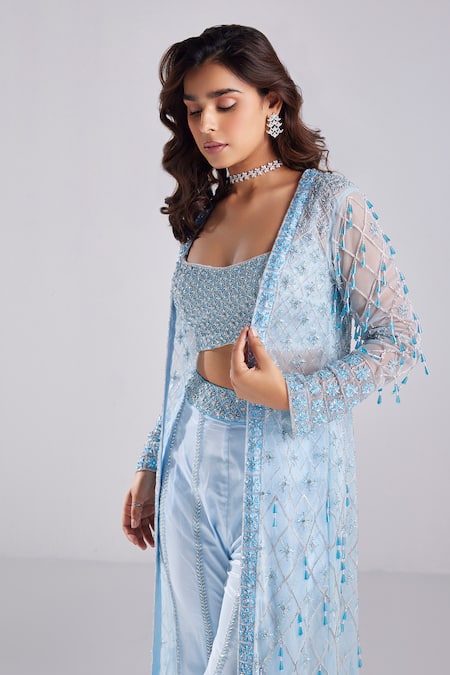 Buy Diyarajvvir Blue Satin, Lycra, Tulle, Crepe Sequins, Floral Embroidered Jacket Pant Set Online at Aza Fashions Buy_Diyarajvvir_Blue Satin, Lycra, Tulle, Crepe Sequins, Floral Embroidered Jacket Pant Set _Online_at_Aza_Fashions