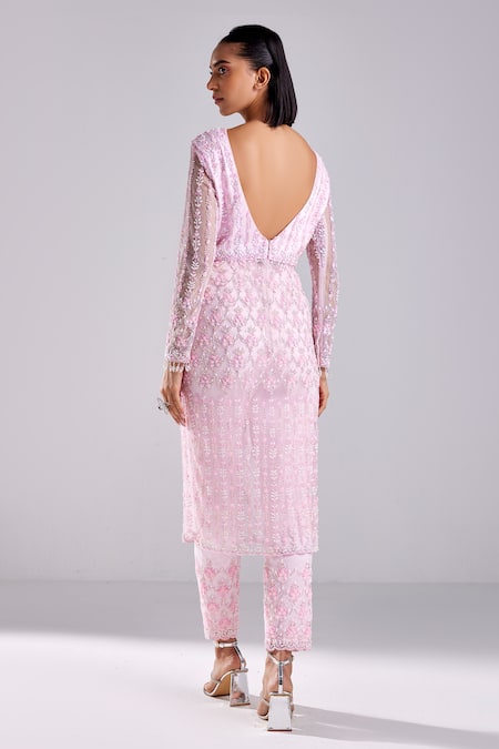 Shop Diyarajvvir Pink Satin, Crepe, Lycra, Tulle Cut Floral Embroidered Kurta With Cigarette Pant at Aza Fashions Shop_Diyarajvvir_Pink Satin, Crepe, Lycra, Tulle Cut Floral Embroidered Kurta With Cigarette Pant _at_Aza_Fashions