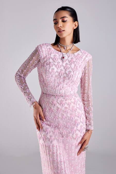 Diyarajvvir Pink Satin, Crepe, Lycra, Tulle Cut Floral Embroidered Kurta With Cigarette Pant Online at Aza Fashions Diyarajvvir_Pink Satin, Crepe, Lycra, Tulle Cut Floral Embroidered Kurta With Cigarette Pant _Online_at_Aza_Fashions