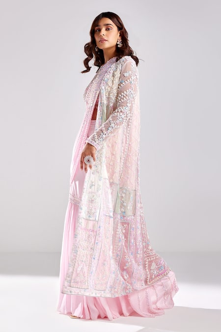 Shop Diyarajvvir Pink Satin, Lycra, Crepe Pre-draped Gharara Pant Saree Embroidered Cape Set at Aza Fashions Shop_Diyarajvvir_Pink Satin, Lycra, Crepe Pre-draped Gharara Pant Saree Embroidered Cape Set _at_Aza_Fashions
