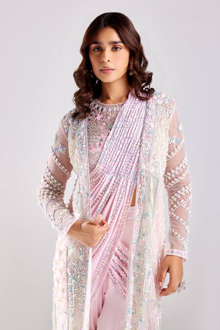Diyarajvvir Pink Satin, Lycra, Crepe Pre-draped Gharara Pant Saree Embroidered Cape Set Online at Aza Fashions Diyarajvvir_Pink Satin, Lycra, Crepe Pre-draped Gharara Pant Saree Embroidered Cape Set _Online_at_Aza_Fashions