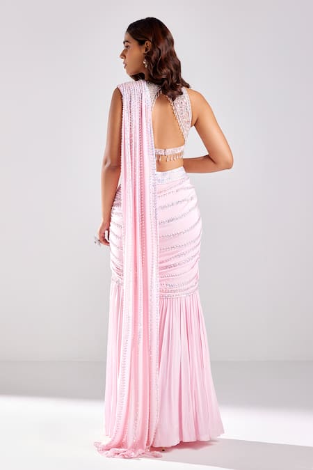 Shop Diyarajvvir Pink Crepe, Satin, Lycra, Tulle Pre-draped Gharara Pant Saree With Blouse at Aza Fashions Shop_Diyarajvvir_Pink Crepe, Satin, Lycra, Tulle Pre-draped Gharara Pant Saree With Blouse _at_Aza_Fashions
