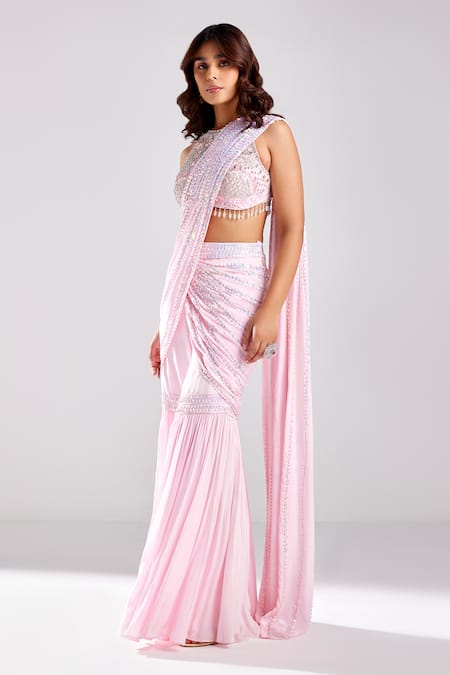 Diyarajvvir Pink Crepe, Satin, Lycra, Tulle Pre-draped Gharara Pant Saree With Blouse Online at Aza Fashions Diyarajvvir_Pink Crepe, Satin, Lycra, Tulle Pre-draped Gharara Pant Saree With Blouse _Online_at_Aza_Fashions