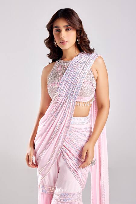 Buy Diyarajvvir Pink Crepe, Satin, Lycra, Tulle Pre-draped Gharara Pant Saree With Blouse Online at Aza Fashions Buy_Diyarajvvir_Pink Crepe, Satin, Lycra, Tulle Pre-draped Gharara Pant Saree With Blouse _Online_at_Aza_Fashions