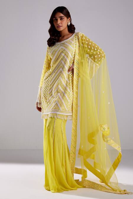 DiyaRajvvir Yellow Satin Lycra Chevron Sequins Embroidered Kurta Flared Pant Set