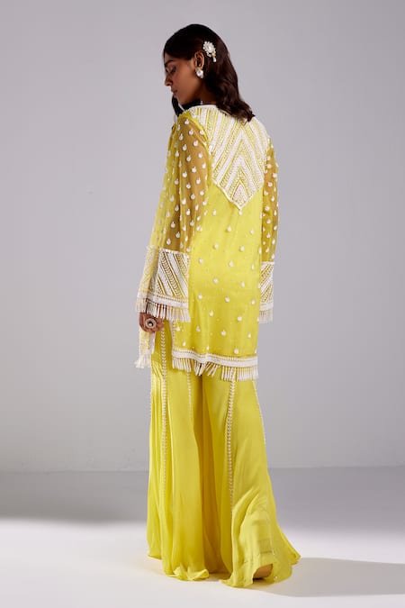 Shop Diyarajvvir Yellow Satin, Tulle, Chiffon Sequins, Embroidery Chevron Kurta Flared Pant Set at Aza Fashions Shop_Diyarajvvir_Yellow Satin, Tulle, Chiffon Sequins, Embroidery Chevron Kurta Flared Pant Set _at_Aza_Fashions