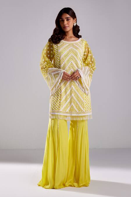 Diyarajvvir Yellow Satin, Tulle, Chiffon Sequins, Embroidery Chevron Kurta Flared Pant Set Online at Aza Fashions Diyarajvvir_Yellow Satin, Tulle, Chiffon Sequins, Embroidery Chevron Kurta Flared Pant Set _Online_at_Aza_Fashions