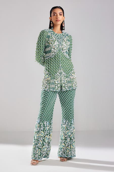 DiyaRajvvir Green Satin Lycra Embroidery Sequins Trellis Blazer Tunic With Pant 