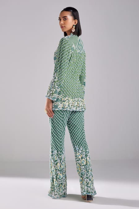 Shop Diyarajvvir Green Satin, Lycra, Tulle, Chiffon Trellis Embroidered Blazer Tunic With Pant at Aza Fashions Shop_Diyarajvvir_Green Satin, Lycra, Tulle, Chiffon Trellis Embroidered Blazer Tunic With Pant _at_Aza_Fashions