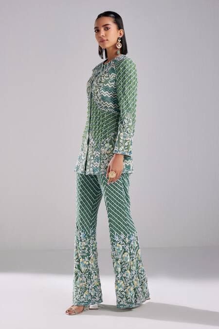 Diyarajvvir Green Satin, Lycra, Tulle, Chiffon Trellis Embroidered Blazer Tunic With Pant Online at Aza Fashions Diyarajvvir_Green Satin, Lycra, Tulle, Chiffon Trellis Embroidered Blazer Tunic With Pant _Online_at_Aza_Fashions