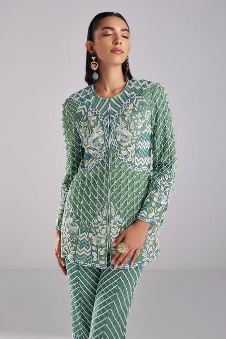 Buy Diyarajvvir Green Satin, Lycra, Tulle, Chiffon Trellis Embroidered Blazer Tunic With Pant Online at Aza Fashions Buy_Diyarajvvir_Green Satin, Lycra, Tulle, Chiffon Trellis Embroidered Blazer Tunic With Pant _Online_at_Aza_Fashions