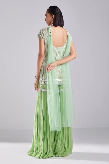 Shop Diyarajvvir Green Crepe, Satin, Lycra, Tulle Sequins, Crystals Embroidered Kurta Gharara Set at Aza Fashions Shop_Diyarajvvir_Green Crepe, Satin, Lycra, Tulle Sequins, Crystals Embroidered Kurta Gharara Set _at_Aza_Fashions