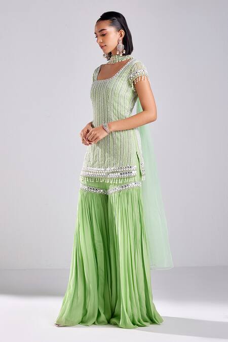 Diyarajvvir Green Crepe, Satin, Lycra, Tulle Sequins, Crystals Embroidered Kurta Gharara Set Online at Aza Fashions Diyarajvvir_Green Crepe, Satin, Lycra, Tulle Sequins, Crystals Embroidered Kurta Gharara Set _Online_at_Aza_Fashions
