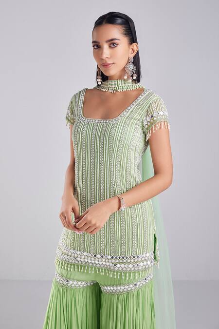 Buy Diyarajvvir Green Crepe, Satin, Lycra, Tulle Sequins, Crystals Embroidered Kurta Gharara Set Online at Aza Fashions Buy_Diyarajvvir_Green Crepe, Satin, Lycra, Tulle Sequins, Crystals Embroidered Kurta Gharara Set _Online_at_Aza_Fashions
