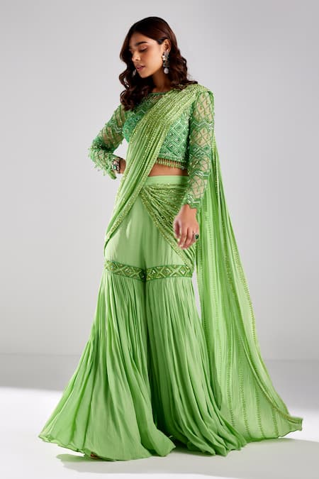 Diyarajvvir Green Satin, Crepe, Pre-draped And Embroidered Gharara Pant Saree With Blouse Online at Aza Fashions Diyarajvvir_Green Satin, Crepe, Pre-draped And Embroidered Gharara Pant Saree With Blouse _Online_at_Aza_Fashions
