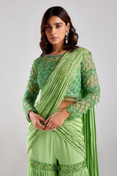 Buy Diyarajvvir Green Satin, Crepe, Pre-draped And Embroidered Gharara Pant Saree With Blouse Online at Aza Fashions Buy_Diyarajvvir_Green Satin, Crepe, Pre-draped And Embroidered Gharara Pant Saree With Blouse _Online_at_Aza_Fashions