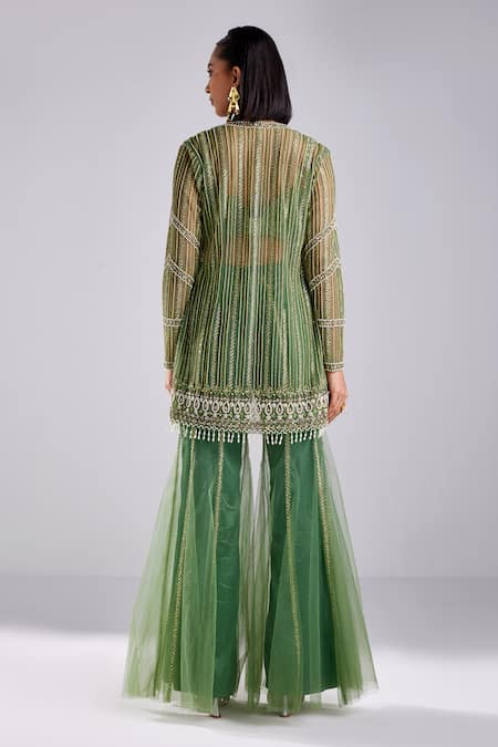 Shop Diyarajvvir Green Satin, Lycra, Tulle Sequins, Beads And Embroidered Jacket Pant Set at Aza Fashions Shop_Diyarajvvir_Green Satin, Lycra, Tulle Sequins, Beads And Embroidered Jacket Pant Set _at_Aza_Fashions