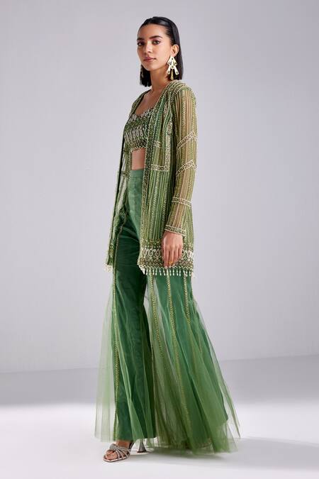 Diyarajvvir Green Satin, Lycra, Tulle Sequins, Beads And Embroidered Jacket Pant Set Online at Aza Fashions Diyarajvvir_Green Satin, Lycra, Tulle Sequins, Beads And Embroidered Jacket Pant Set _Online_at_Aza_Fashions
