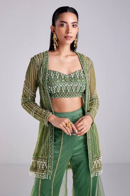 Buy Diyarajvvir Green Satin, Lycra, Tulle Sequins, Beads And Embroidered Jacket Pant Set Online at Aza Fashions Buy_Diyarajvvir_Green Satin, Lycra, Tulle Sequins, Beads And Embroidered Jacket Pant Set _Online_at_Aza_Fashions
