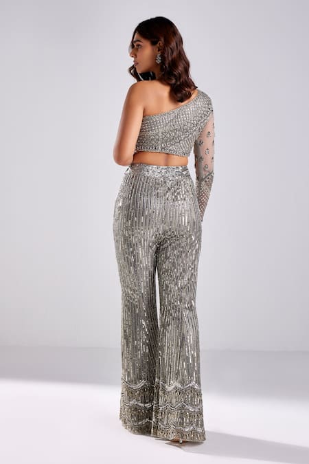 Shop Diyarajvvir Grey Satin, Lycra, Tulle Sequins, Beads And Embroidered Crop Top With Pant at Aza Fashions Shop_Diyarajvvir_Grey Satin, Lycra, Tulle Sequins, Beads And Embroidered Crop Top With Pant _at_Aza_Fashions