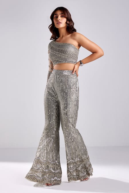 Diyarajvvir Grey Satin, Lycra, Tulle Sequins, Beads And Embroidered Crop Top With Pant Online at Aza Fashions Diyarajvvir_Grey Satin, Lycra, Tulle Sequins, Beads And Embroidered Crop Top With Pant _Online_at_Aza_Fashions