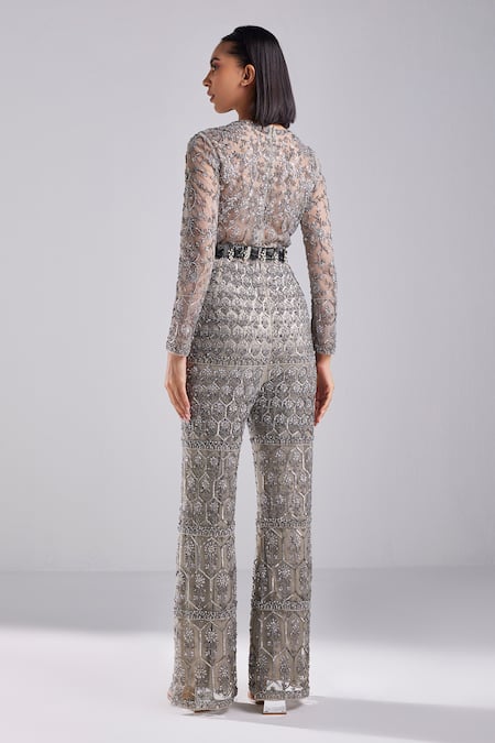 Shop_Diyarajvvir_Grey Satin, Lycra, Tulle, Chiffon Embroidery Round Neck Geometric Jumpsuit _at_Aza_Fashions