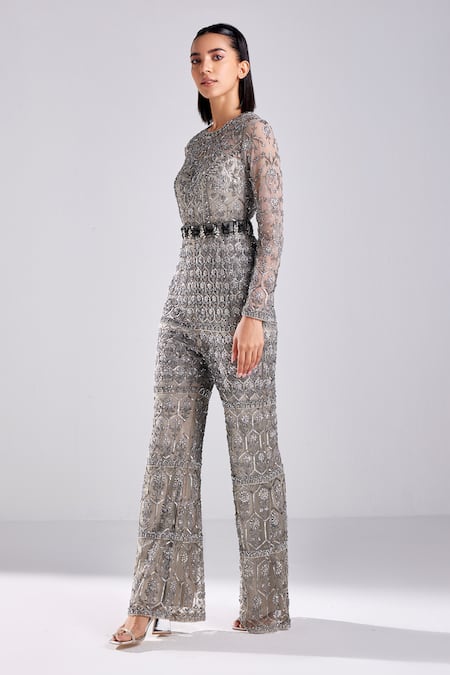 Diyarajvvir_Grey Satin, Lycra, Tulle, Chiffon Embroidery Round Neck Geometric Jumpsuit _Online_at_Aza_Fashions
